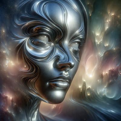 The primary subject of the image is a close-up of a woman's face, with her eyes open. The setting is a futuristic environment, possibly a space or a futuristic city. The visual style is digital art, as the woman's face is depicted in a metallic, silver-like material. The colors and mood of the image are predominantly dark, with a sense of mystery and intrigue.